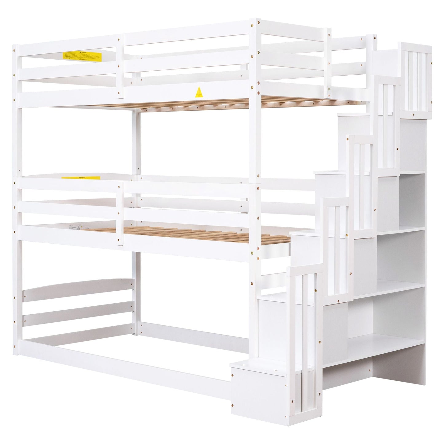 Shared Room Solution Twin Triple Wood Bunk Bed with Storage Staircase, White | Just Better Bunk Beds
