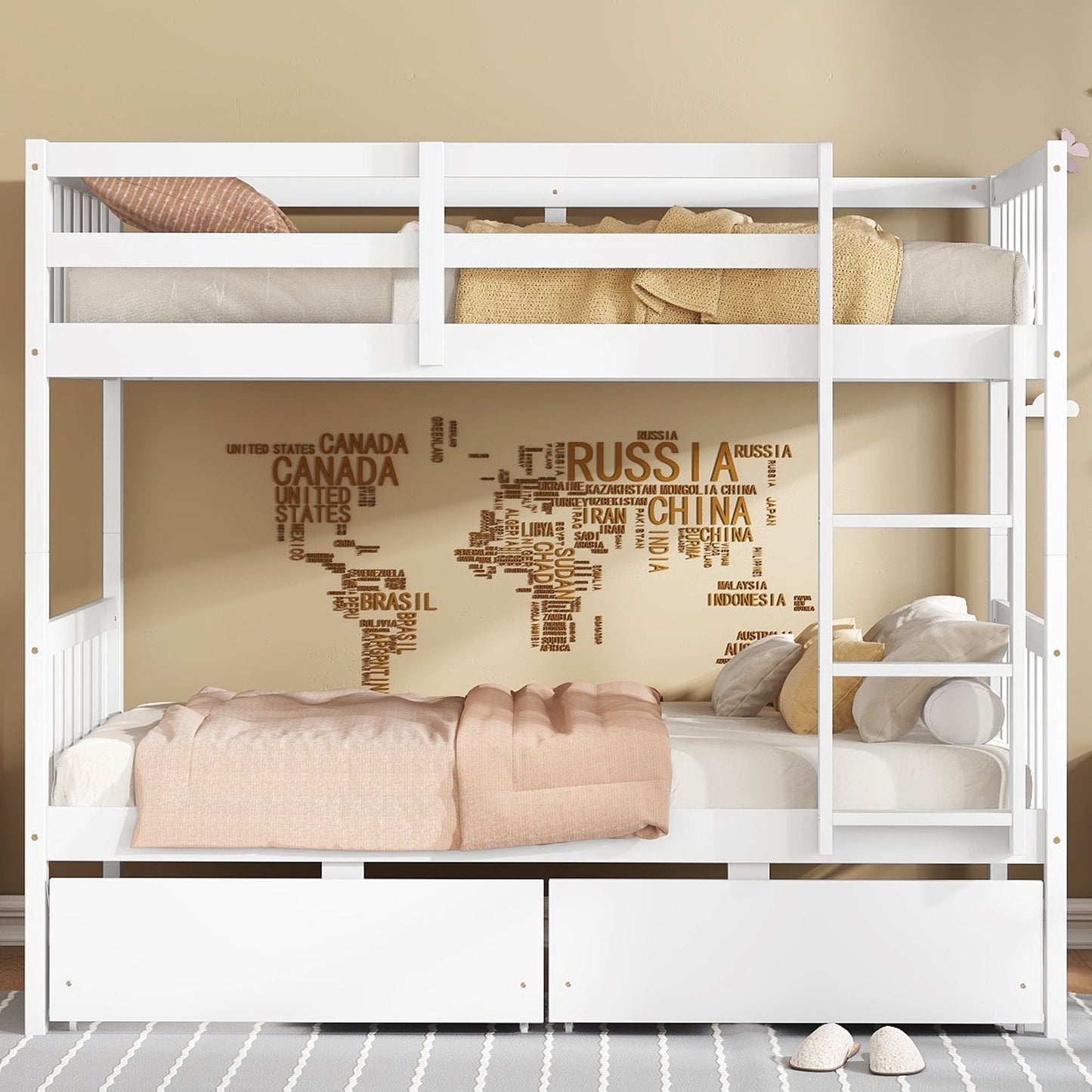 Convertible Twin Over Twin Rubber Wood Bunk Bed with 2 Drawers, Ladder, Safety Guardrails, Gray | Just Better Bunk Beds