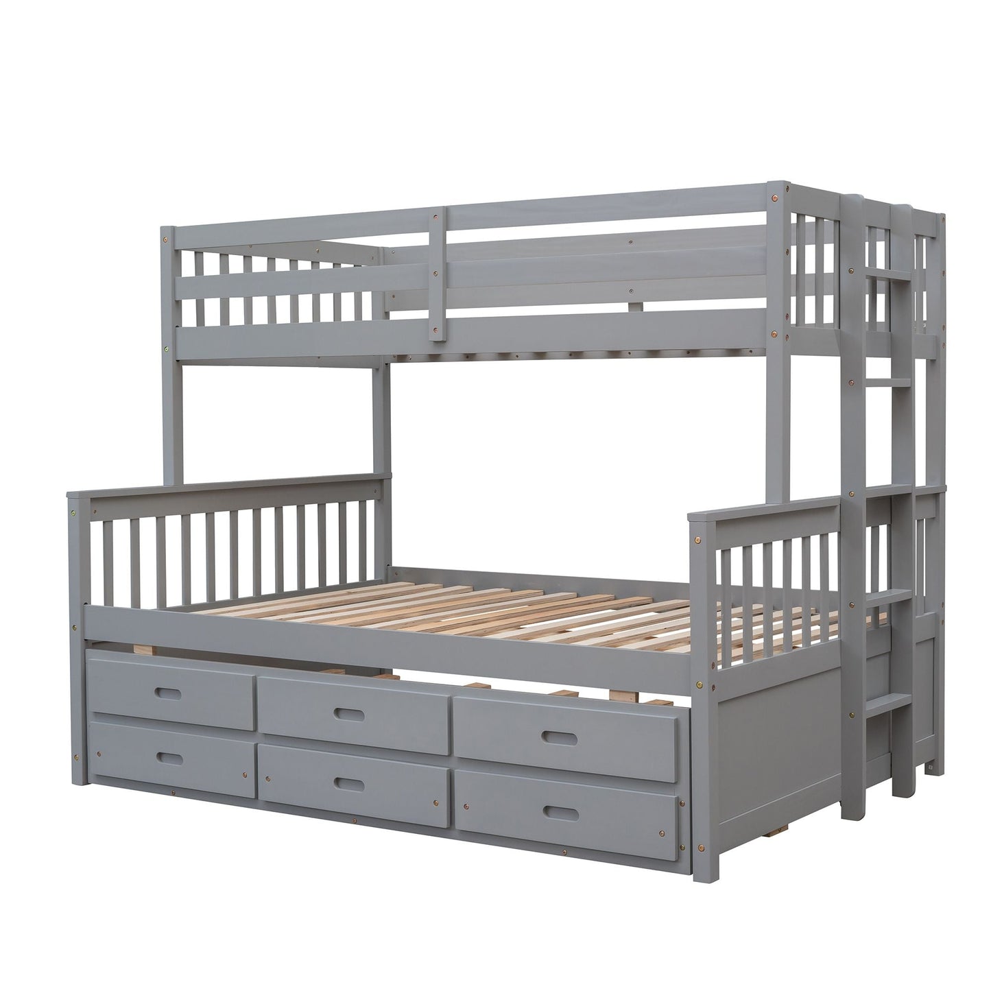 Space-Saving Twin Over Full Wood Bunk Bed with Twin Trundle and Drawers, Gray | Just Better Bunk Beds