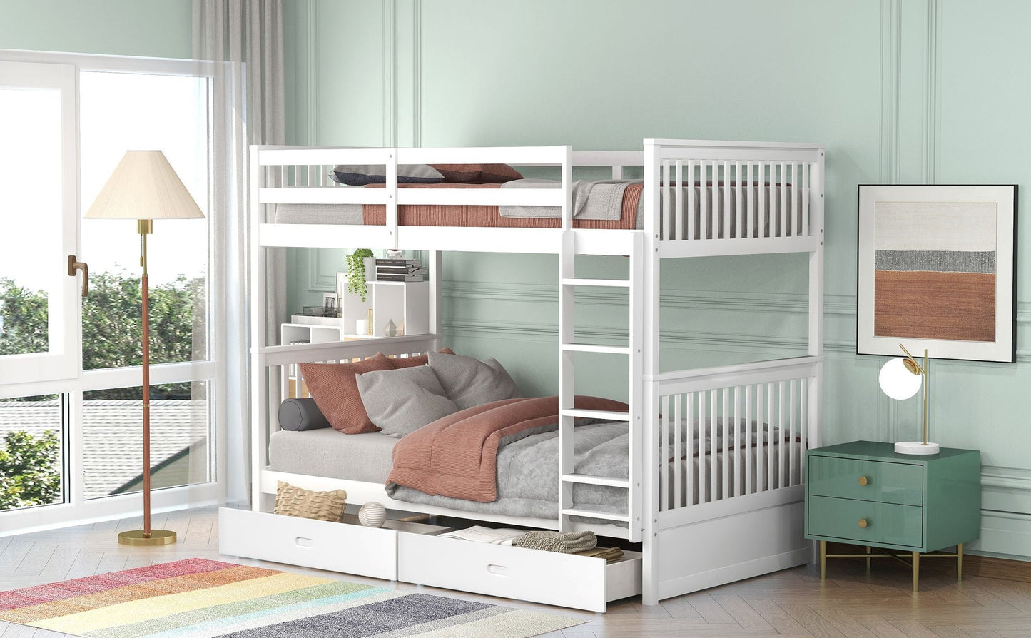 Storage-Enhanced Twin Over Twin Wood Bunk Bed with Ladders, Two Drawers, White | Just Better Bunk Beds