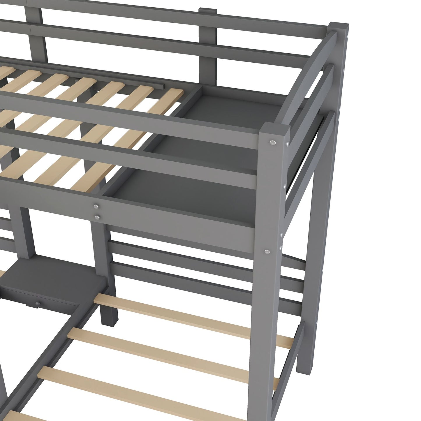 Built-In Staircase Twin Over Twin Over Twin Wood Bunk Bed, Gray with Storage Drawer | Just Better Bunk Beds