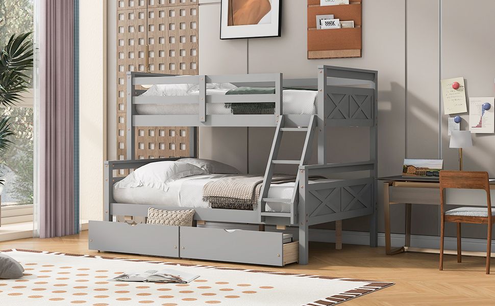 Heavy-Duty Twin Over Full Wood Bunk Bed with Ladder, Storage Drawers, Safety Guardrail, Gray | Just Better Bunk Beds