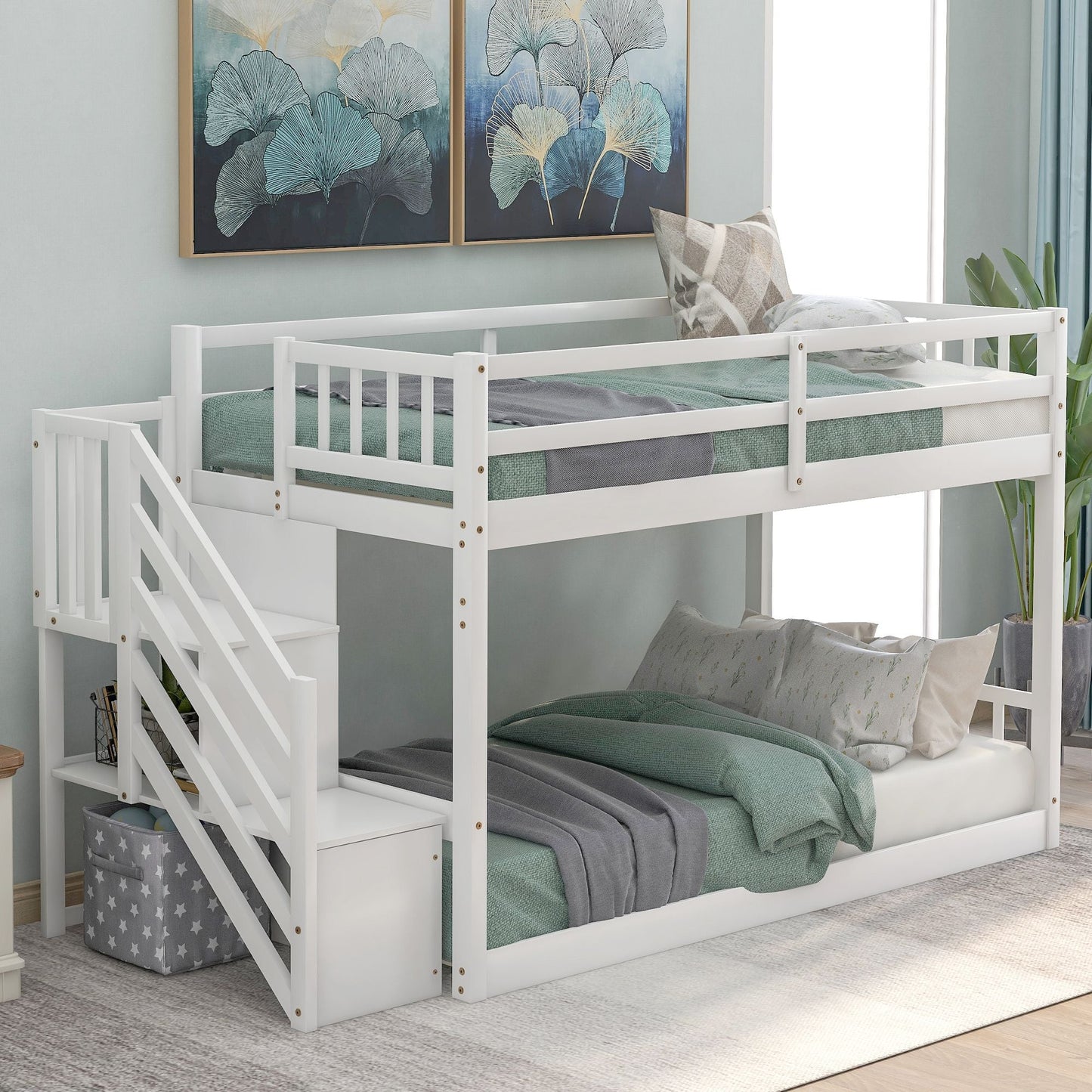 Floor-Level Twin Over Twin Wood Bunk Bed with Ladder and Storage, White | Just Better Bunk Beds