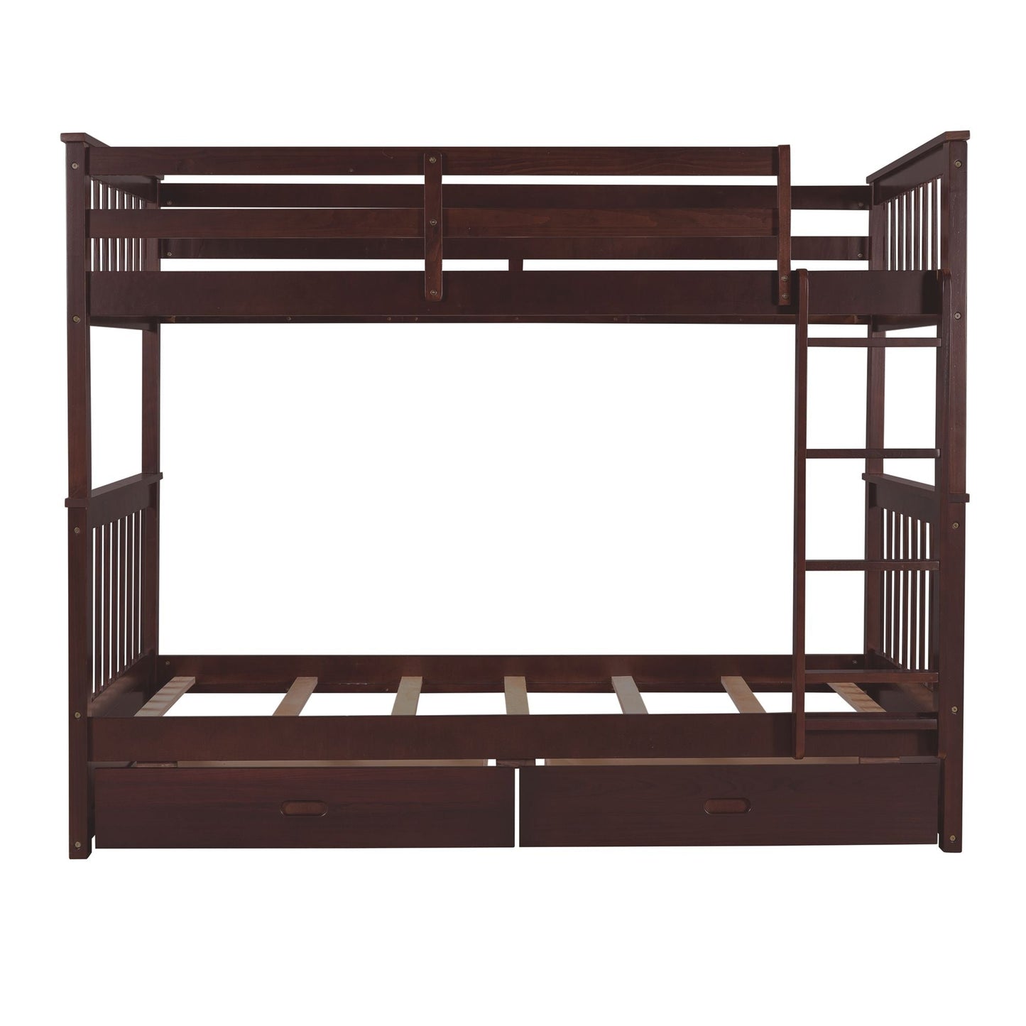 Storage Twin Over Twin Wood Bunk Bed with Ladders and Two Drawers, Espresso | Just Better Bunk Beds