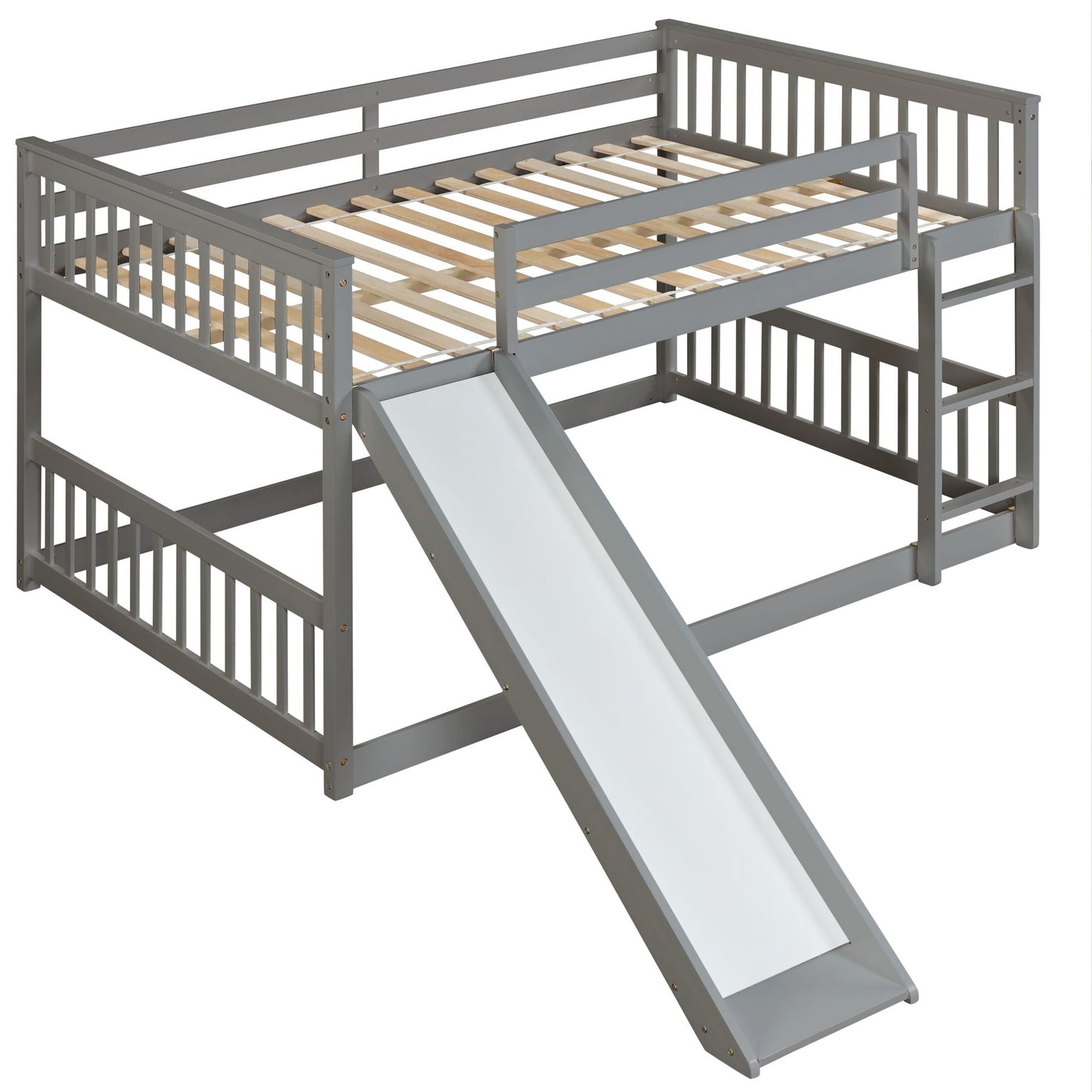 Space-Saving Full Over Full Wood Bunk Bed with Slide and Safety Guardrails, White | Just Better Bunk Beds