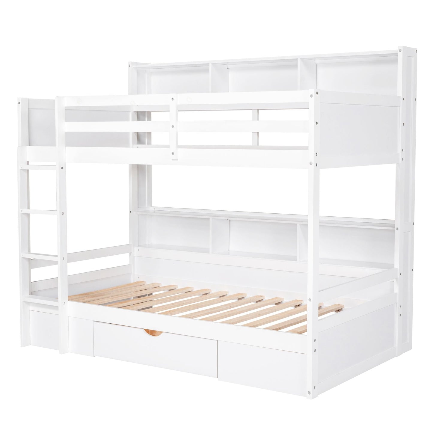 Organized Twin Wood Bunk Bed with Built-In Shelves and Storage Drawer, White | Just Better Bunk Beds