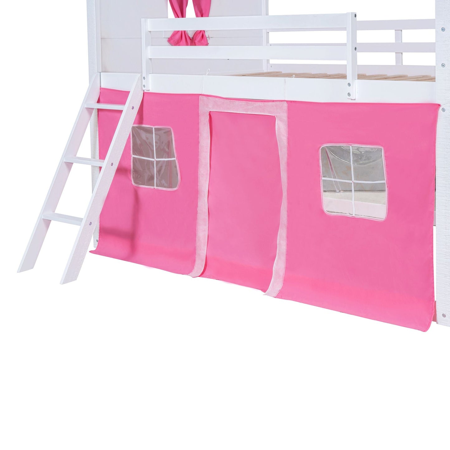 House-Style Full Wood Bunk Bed with Windows, Sills and Tent, Pink and White | Just Better Bunk Beds