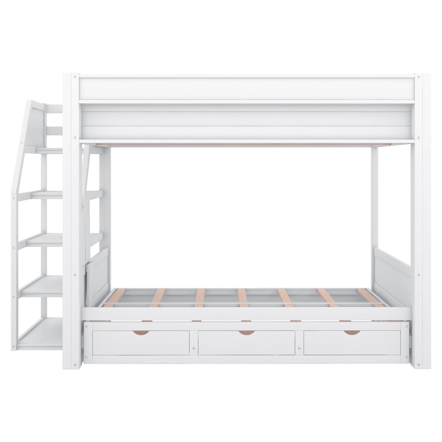 Convertible Full Wood Bunk Bed with Storage Staircase, Bedside Table, 3 Drawers, White | Just Better Bunk Beds