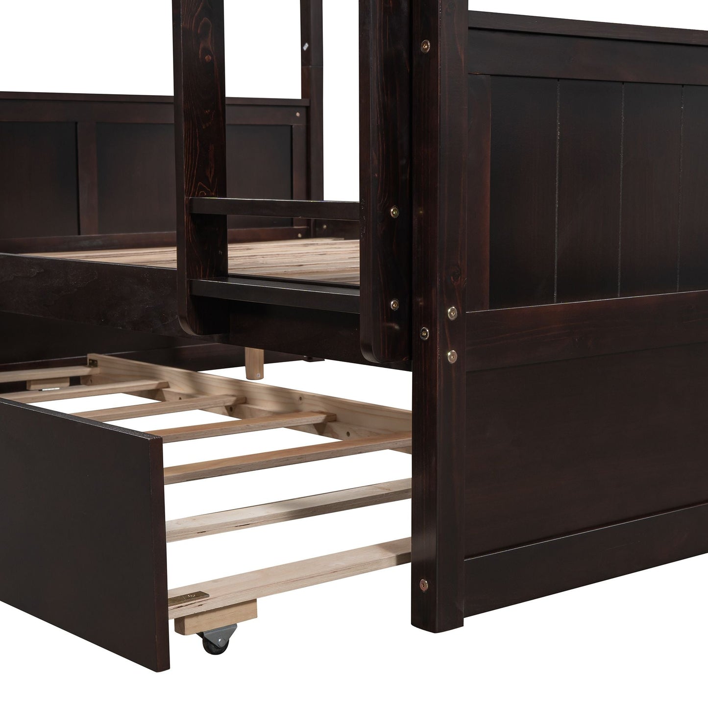 Space-Saving Full Over Full Wood Bunk Bed with Twin Trundle, Espresso | Just Better Bunk Beds