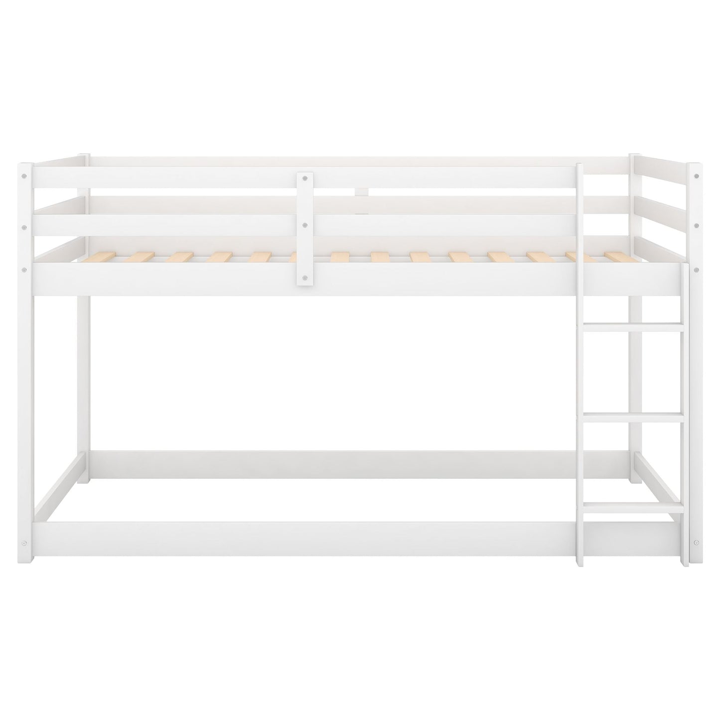 Low Profile Twin Over Twin Wood Floor Bunk Bed, White with Ladder | Just Better Bunk Beds
