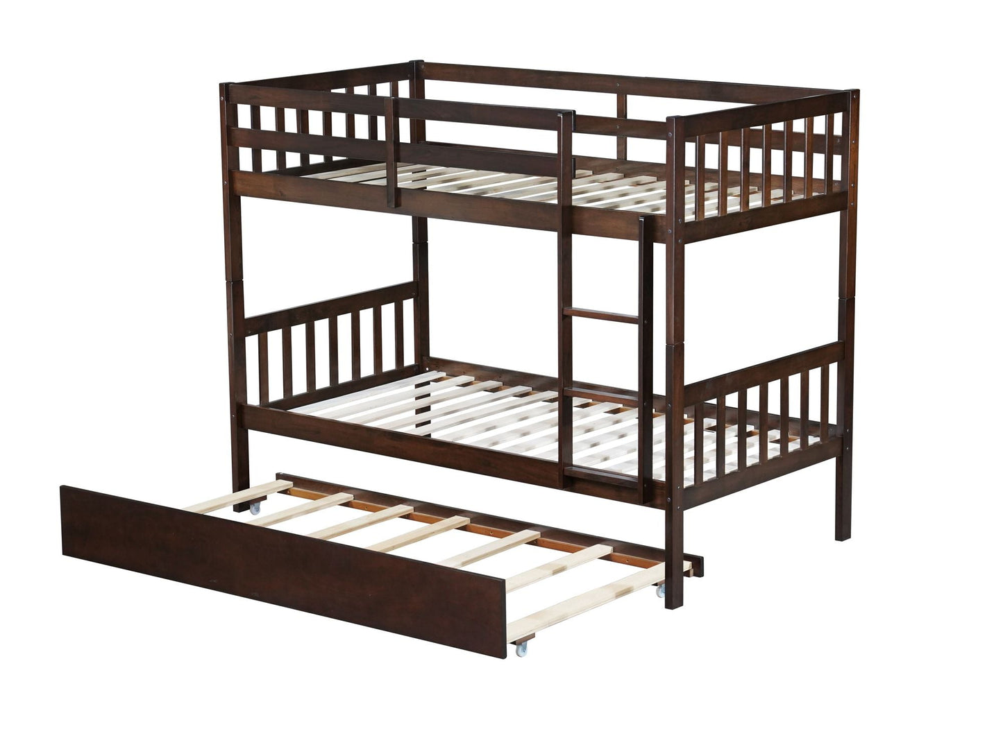 Convertible Twin Over Twin Rubber Wood Bunk Bed with Trundle, Ladder, and Guardrails, Espresso | Just Better Bunk Beds
