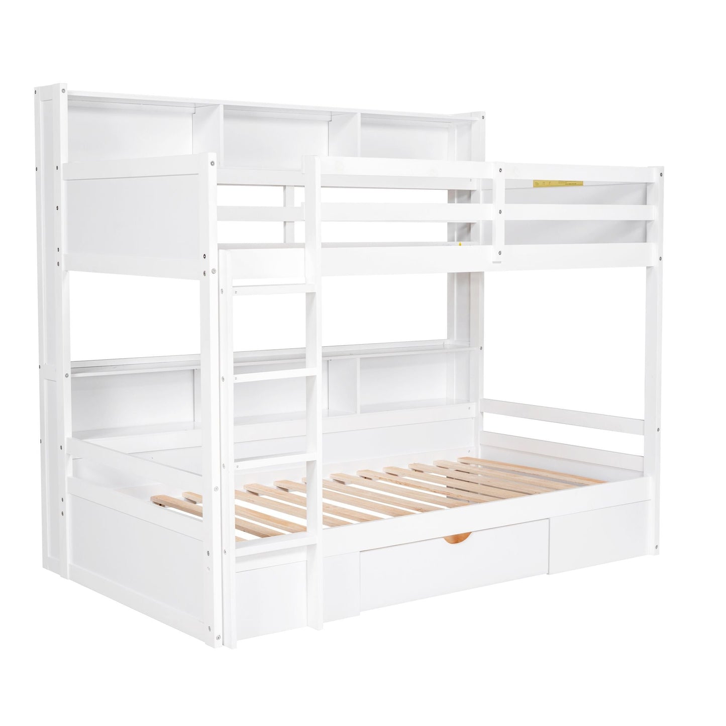Shared Room Solution Twin Wood Bunk Bed with Built-In Shelves and Storage, White | Just Better Bunk Beds