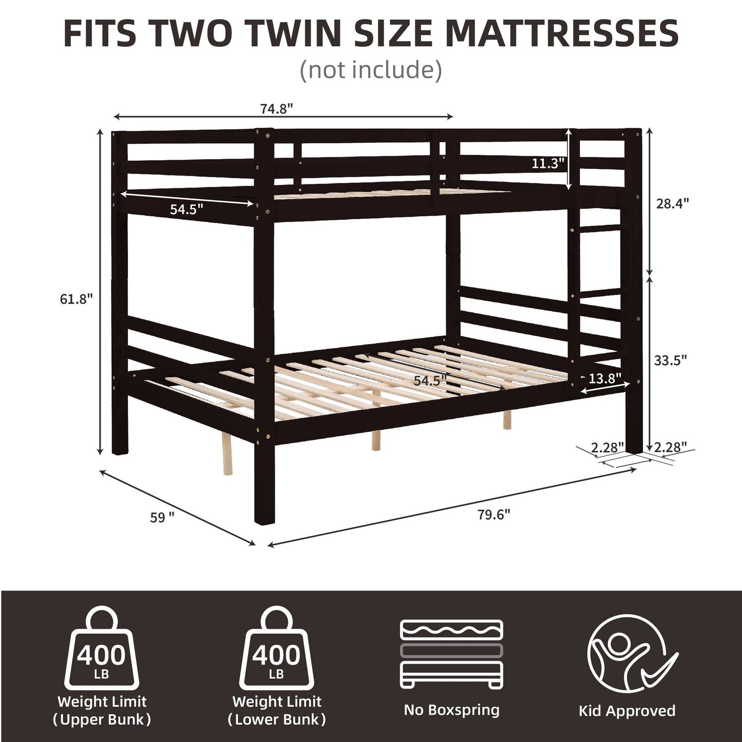 Durable Full Over Full Wood Bunk Bed with Thick Posts, High Guardrail, Ladder, Espresso | Just Better Bunk Beds