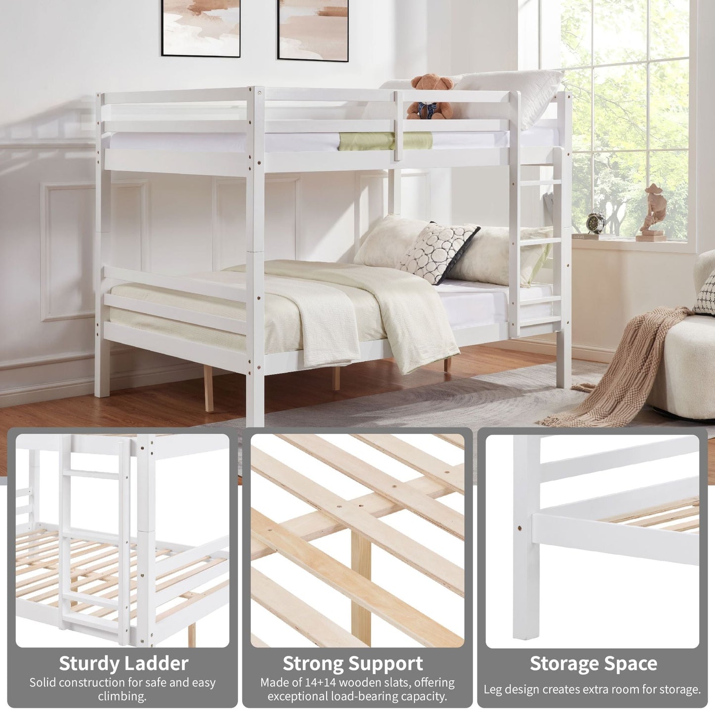 Kids Bedroom Full Over Full Wood Bunk Bed with Thick Posts, High Guardrail, Ladder, White | Just Better Bunk Beds