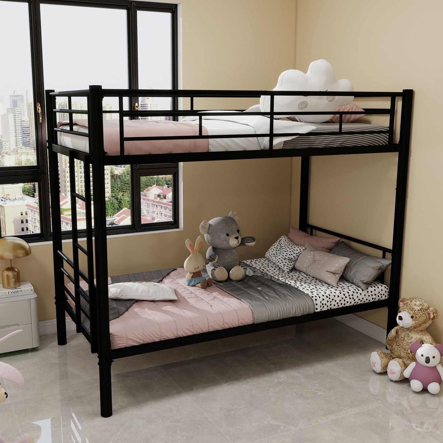 Shared Room Solution Twin Over Twin Metal Bunk Bed with Ladder and Guardrail, Convertible, Metal | Just Better Bunk Beds