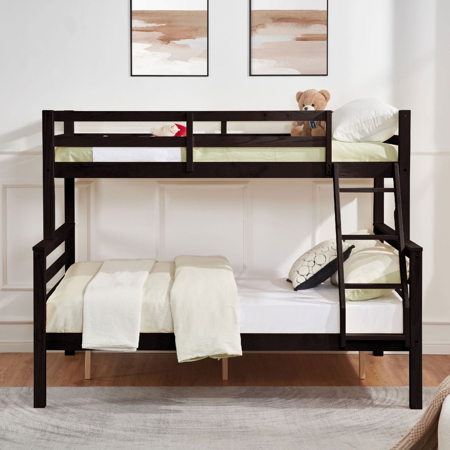 Durable Twin Over Full Wood Bunk Bed with Thick Posts, High Guardrail, Ladder, Espresso | Just Better Bunk Beds