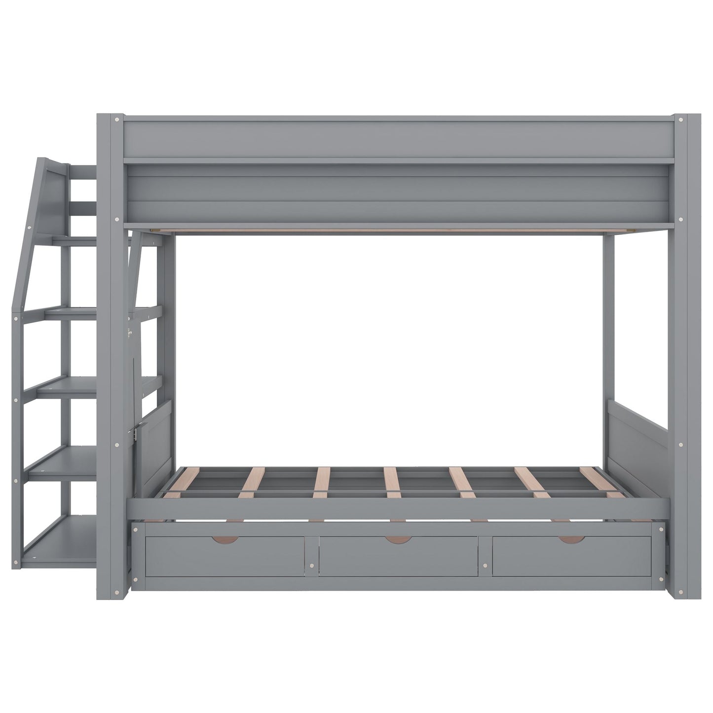 Convertible Full Wood Bunk Bed with Storage Staircase, Bedside Table, 3 Drawers, White | Just Better Bunk Beds