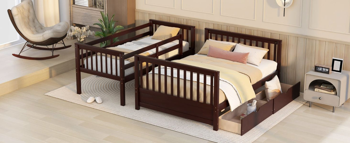 Heavy-Duty Twin Over Full Wood Bunk Bed with Ladder and Two Storage Drawers, Espresso | Just Better Bunk Beds