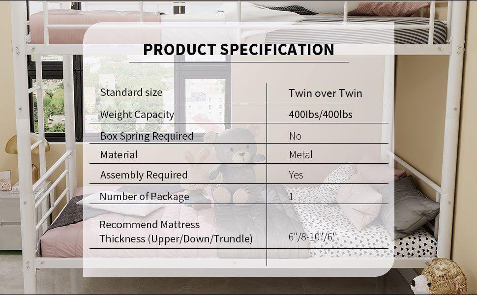 Convertible Twin Over Twin Metal Bunk Bed with Ladder and Guardrail, Metal | Just Better Bunk Beds