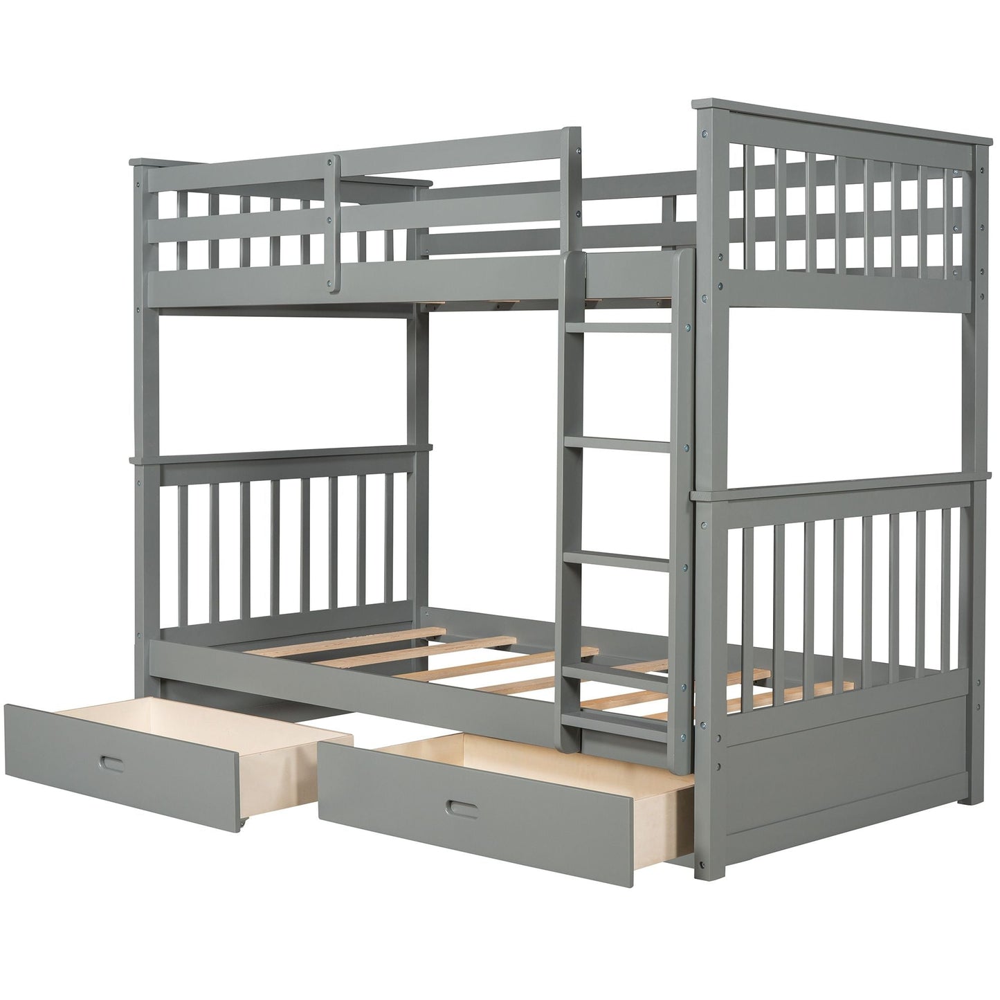 Storage-Enhanced Twin Over Twin Wood Bunk Bed with Ladders, Two Drawers, White | Just Better Bunk Beds