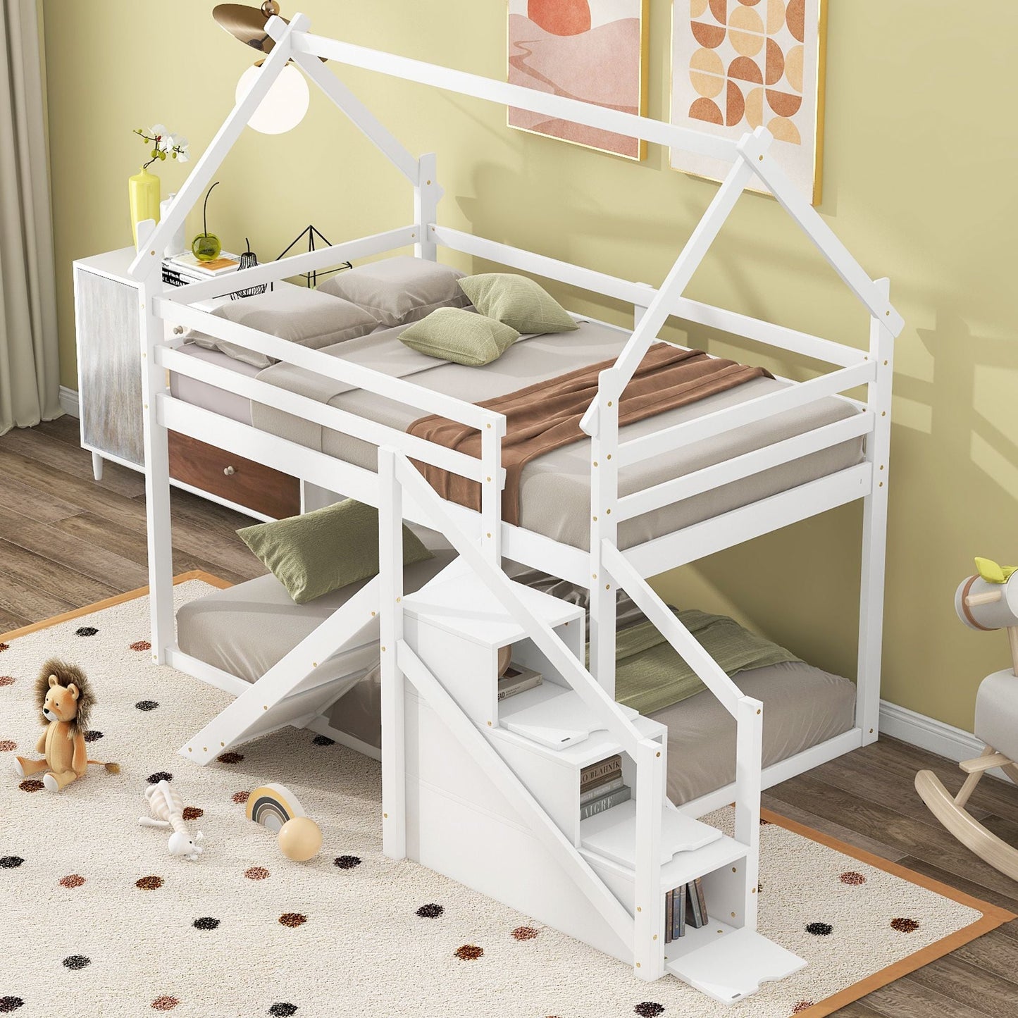 Kids Bedroom Twin Over Twin Wood House Loft Bed with Slide and Staircase, White | Just Better Bunk Beds