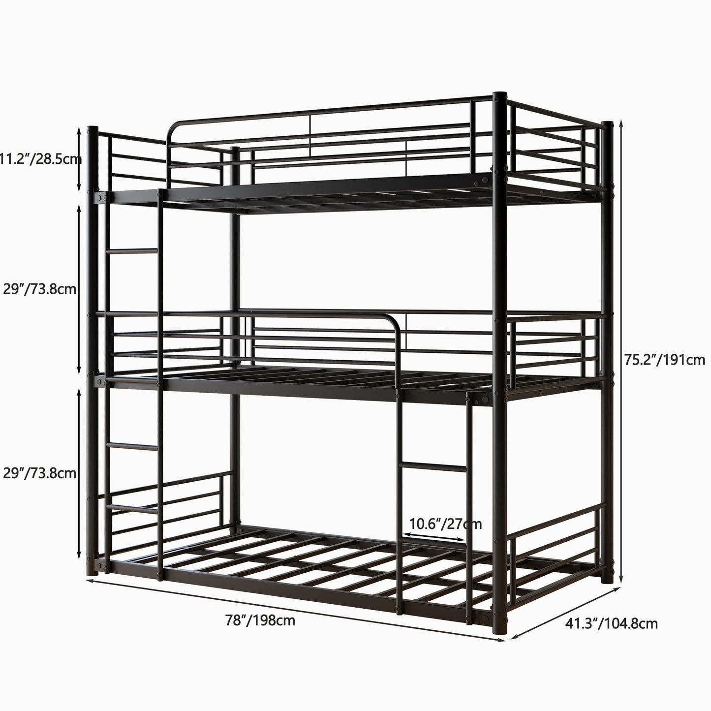 Heavy-Duty Triple Twin Over Twin Over Twin Metal Bunk Bed with Platform Frame and Guard Rail, Black | Just Better Bunk Beds