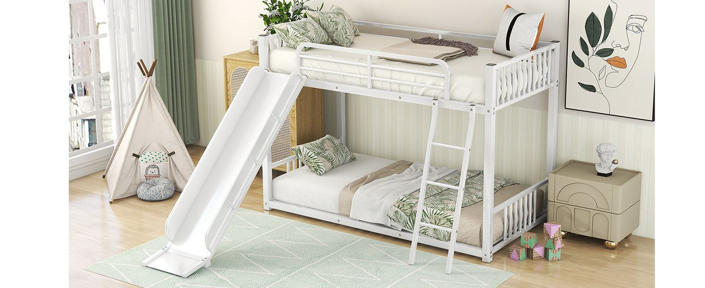 Space-Saving Metal Bunk Bed with Slide Twin Over Twin, White | Just Better Bunk Beds