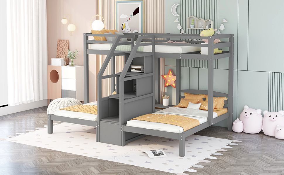 Built-In Staircase Twin Over Twin Over Twin Wood Bunk Bed, Gray with Storage Drawer | Just Better Bunk Beds