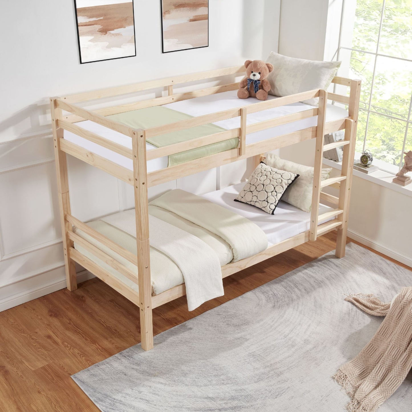 Heavy-Duty Twin Over Twin Wood Bunk Bed, Natural with Thick Posts, Ladder, and High Guardrail | Just Better Bunk Beds