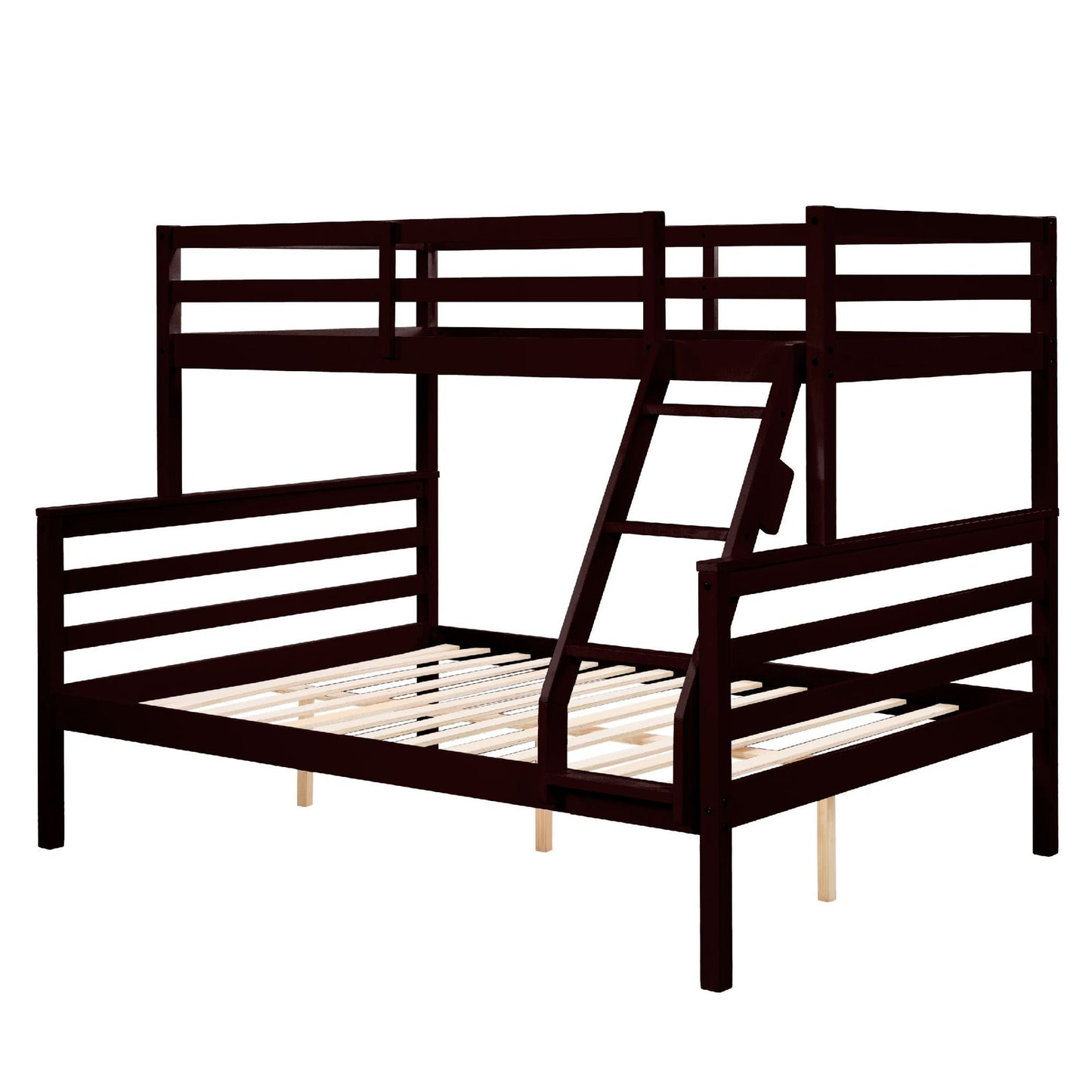 Dorm Room Twin Over Full Wood Bunk Bed with Ladder and Guardrail, Espresso | Just Better Bunk Beds