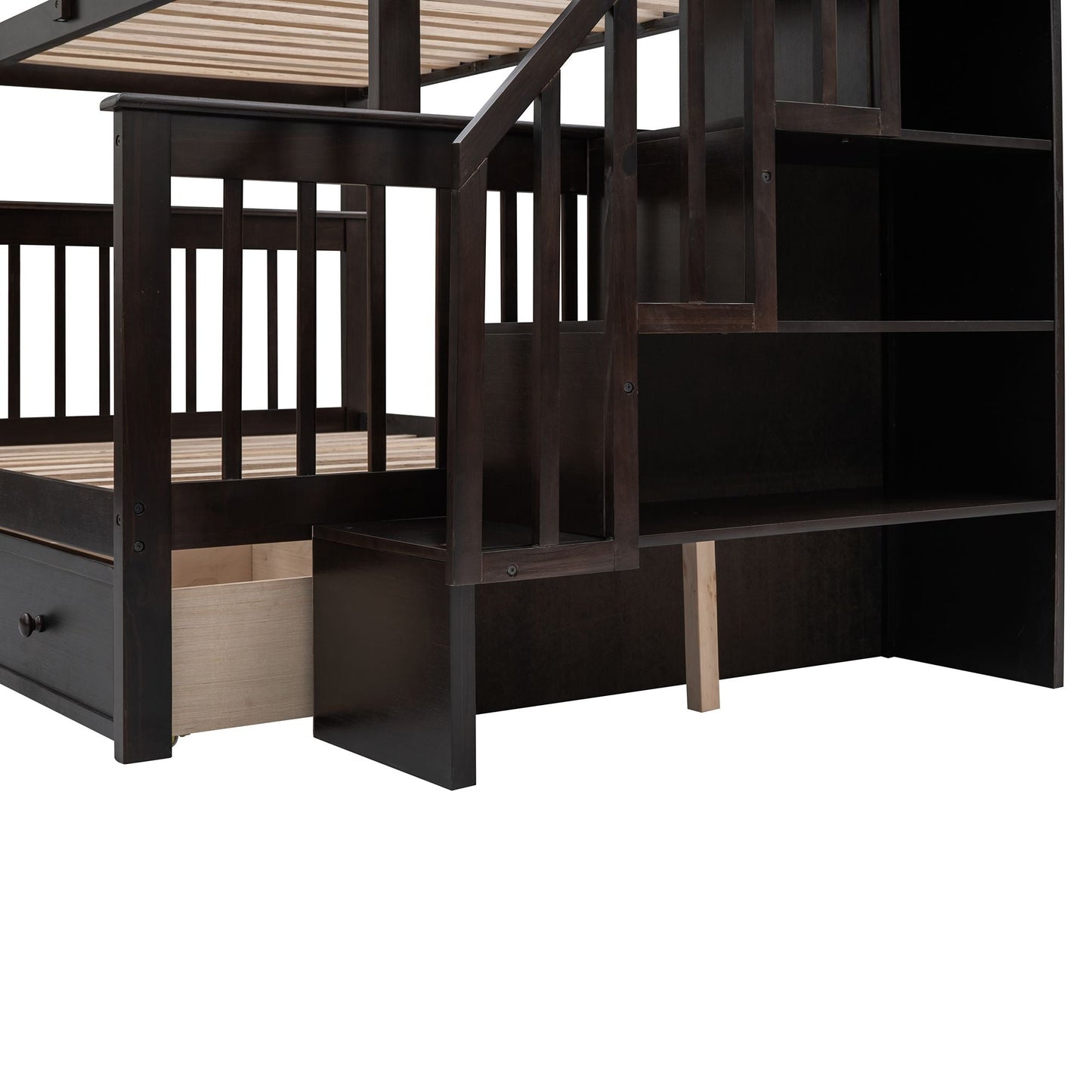 Staircase Storage Twin Over Full Wood Bunk Bed with Drawer Storage and Guard Rail, Espresso | Just Better Bunk Beds