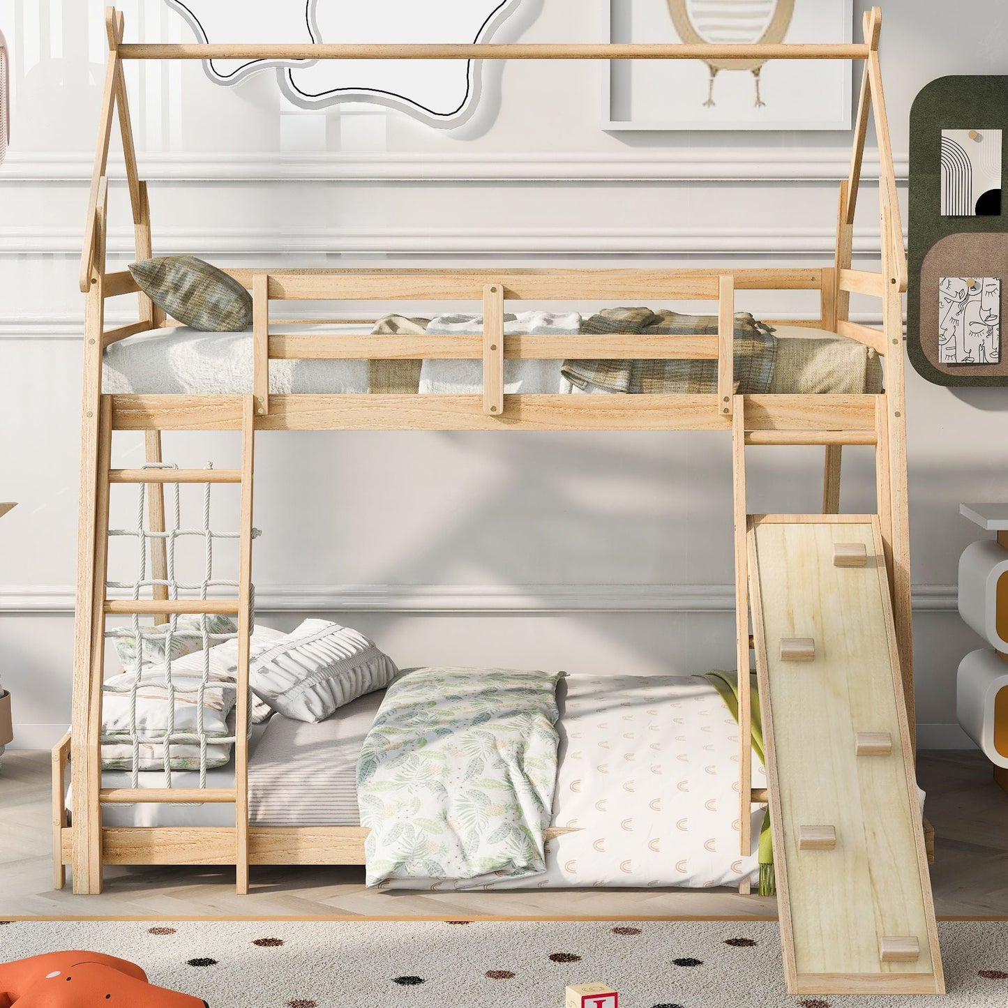 Shared Room Solution Twin Over Queen Wood House Bunk Bed with Climbing Nets and Ramp, Natural | Just Better Bunk Beds