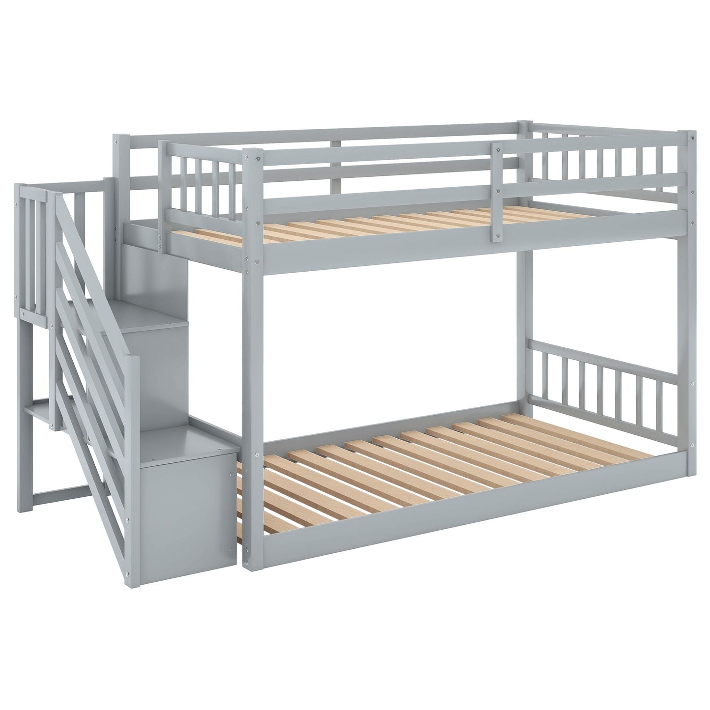 Floor-Level Twin Over Twin Wood Bunk Bed with Ladder and Storage, White | Just Better Bunk Beds