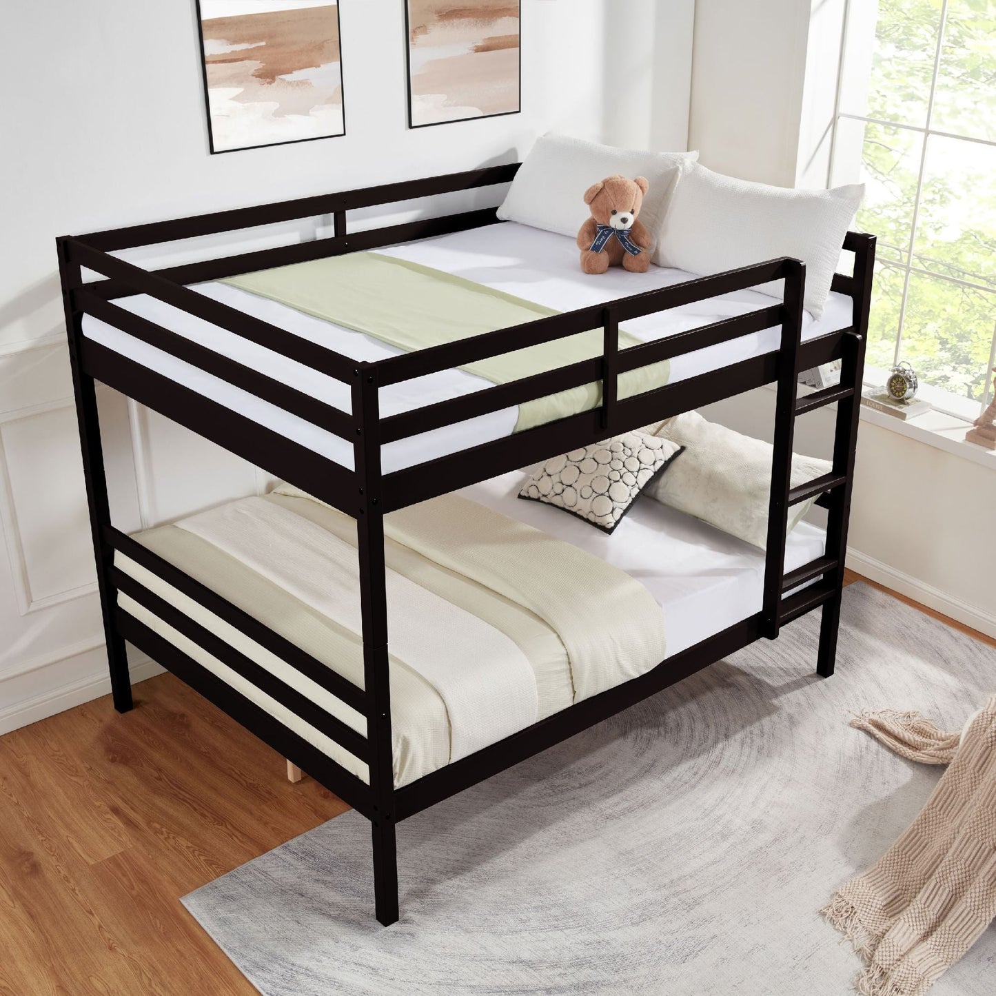 Dorm Room Full Over Full Wood Bunk Bed with Ladder and Guardrail, Espresso | Just Better Bunk Beds