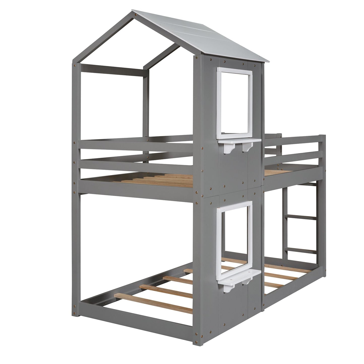 Twin Over Twin Bunk Bed Wood Bed with Roof,  Window,  Guardrail,  Ladder White