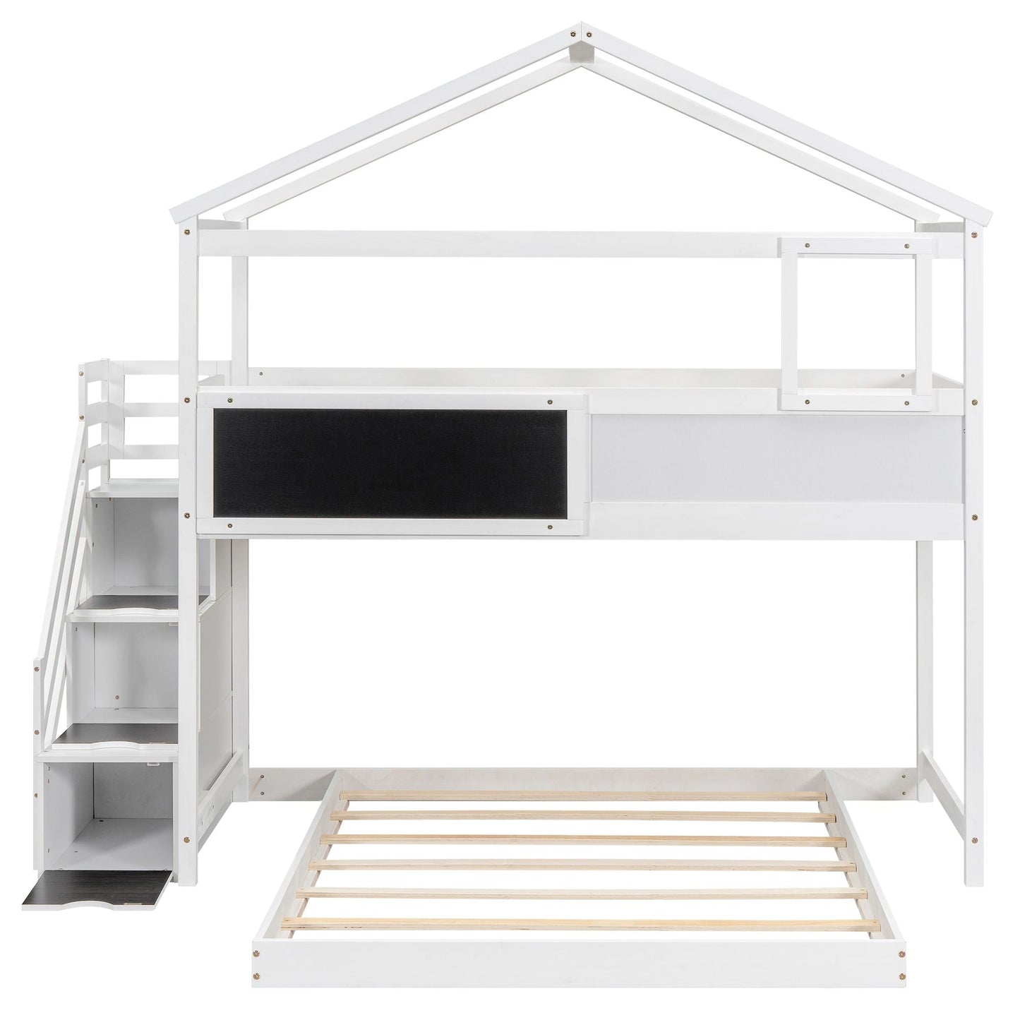 House-Style Twin Over Full Wood Bunk Bed with Storage Staircase, Blackboard, White | Just Better Bunk Beds