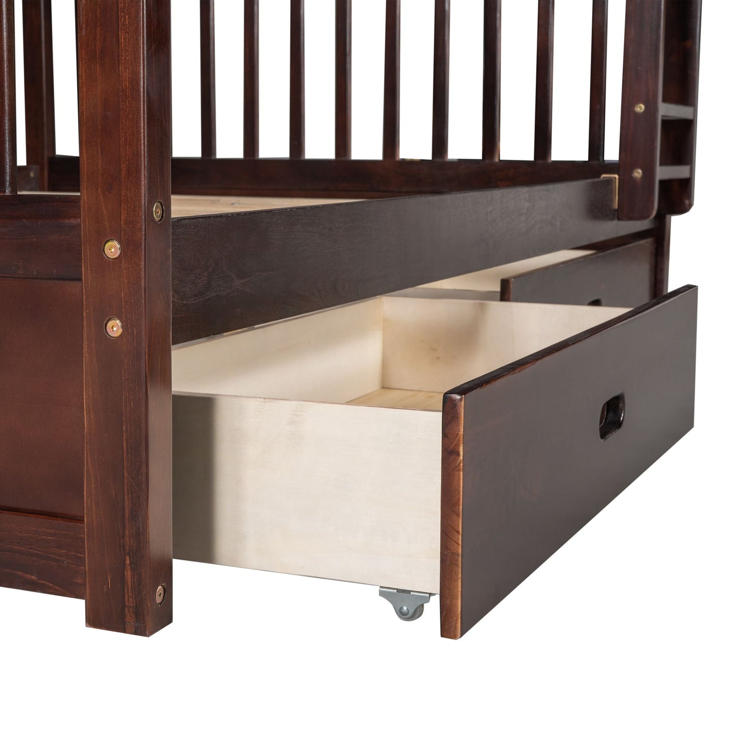 Storage-Focused Full Over Full Wood Bunk Bed with Ladders and Drawers, Espresso | Just Better Bunk Beds