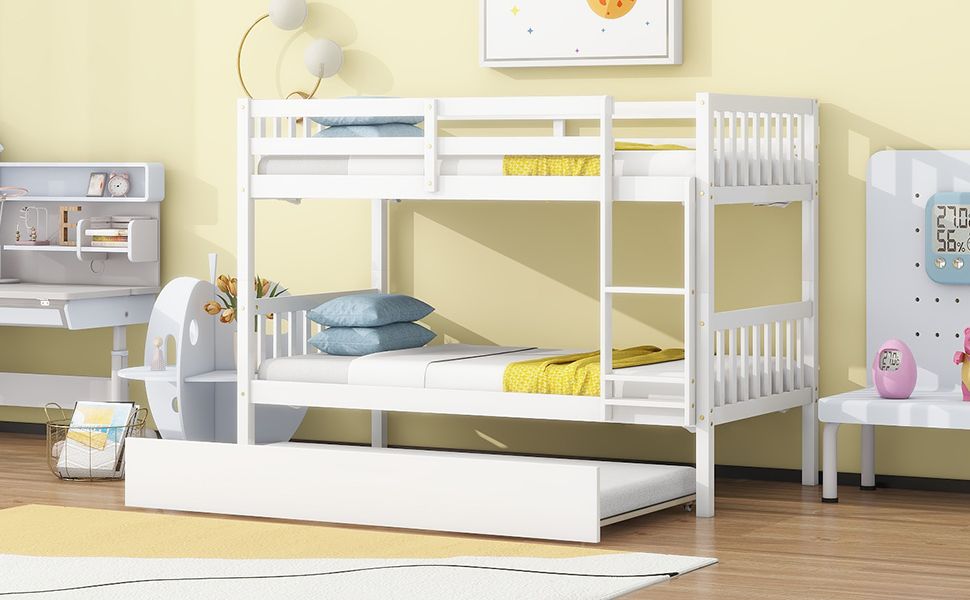 Convertible Twin Over Twin Rubber Wood Bunk Bed with Trundle, Ladder, and Safety Guardrails, White | Just Better Bunk Beds