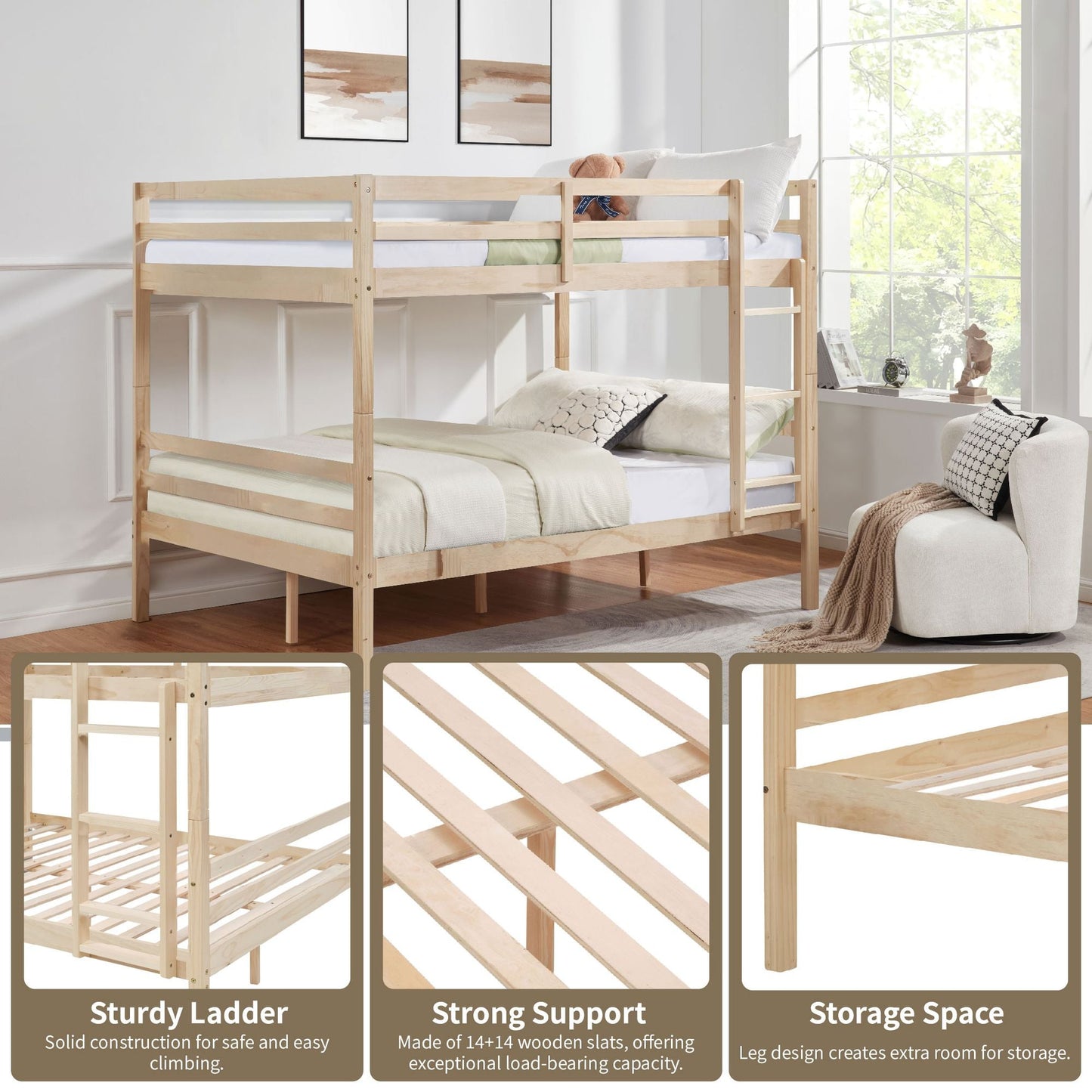 Dorm Room Full Over Full Wood Bunk Bed with Ladder and Guardrail, Natural | Just Better Bunk Beds