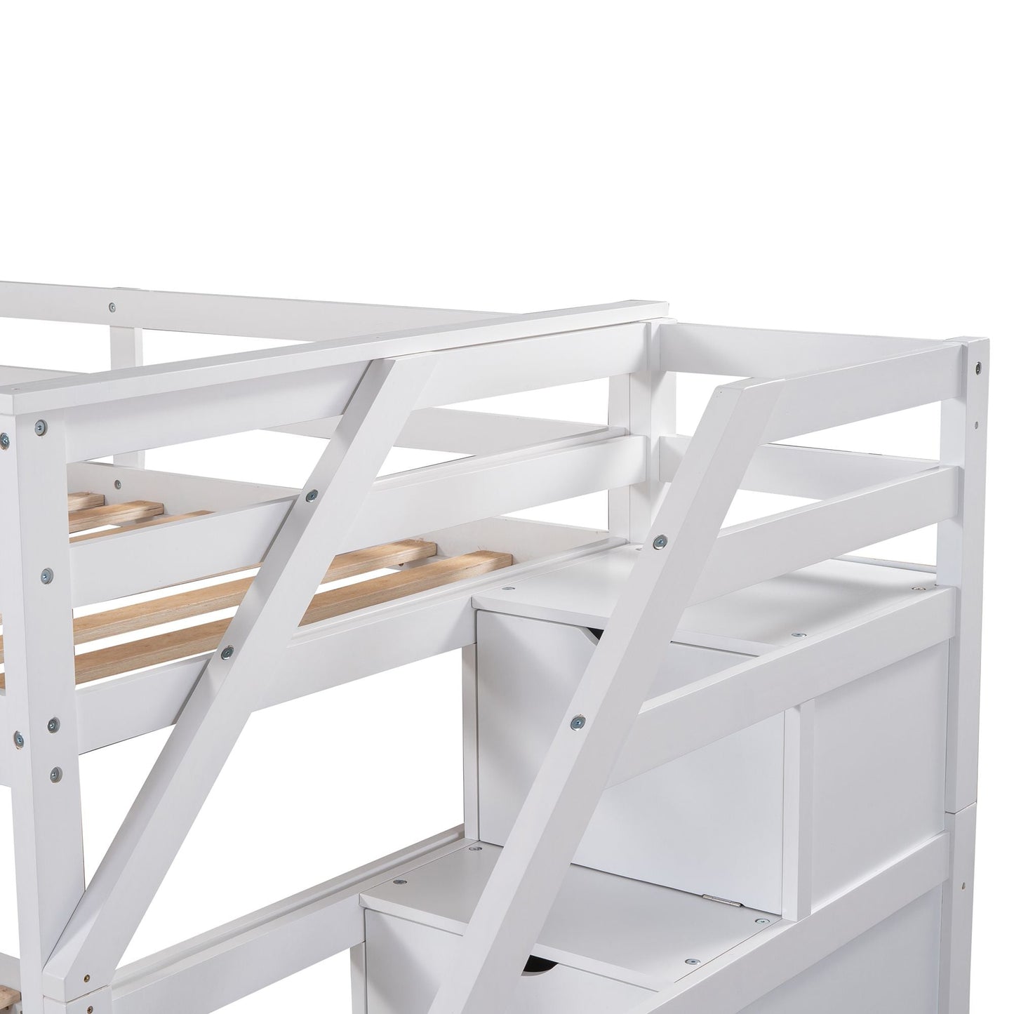 Space-Saving Twin Over Twin Wood Bunk Bed with Twin Trundle and 3 Storage Stairs, White | Just Better Bunk Beds