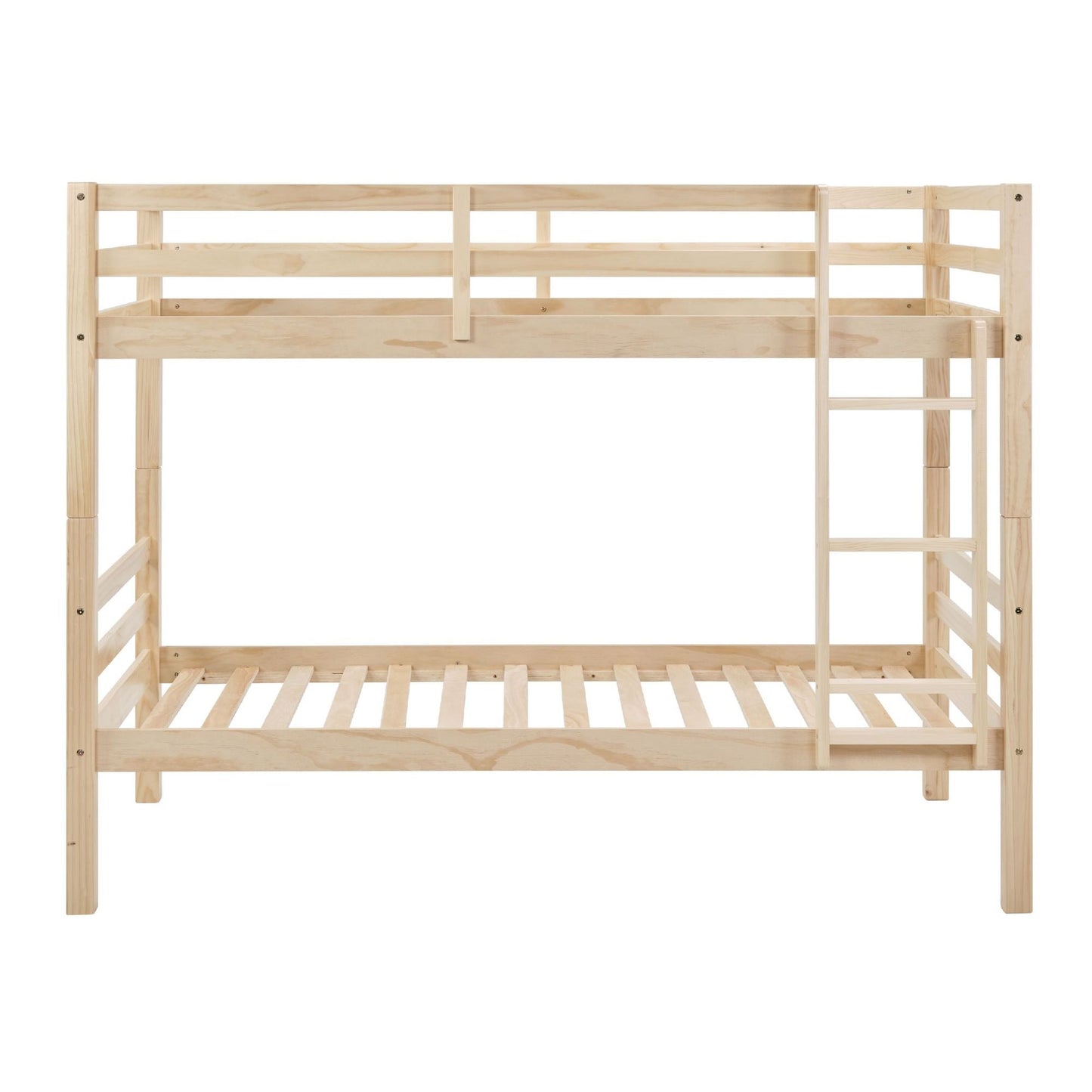 Heavy-Duty Twin Over Twin Wood Bunk Bed, Natural with Thick Posts, Ladder, and High Guardrail | Just Better Bunk Beds