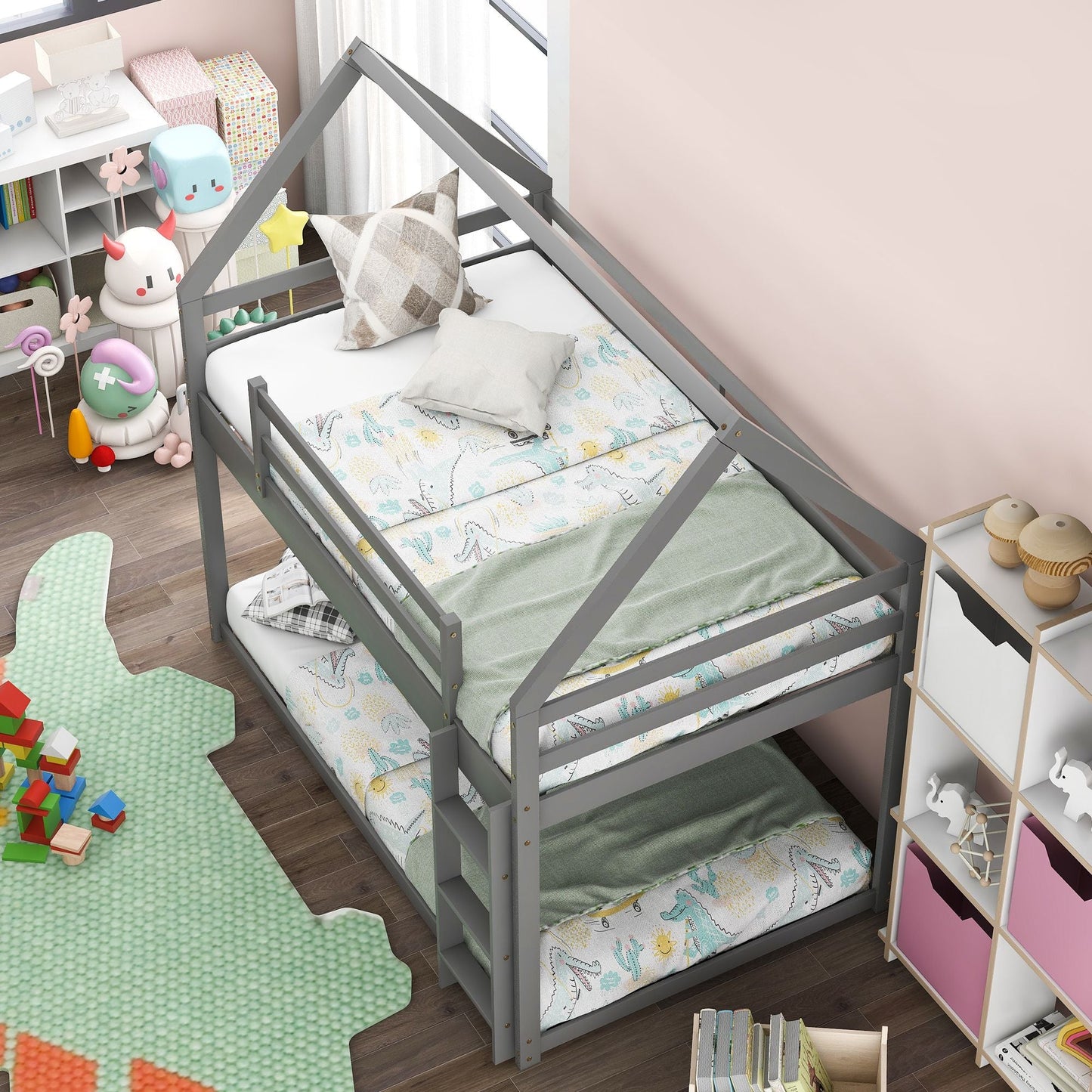 House-Style Low Twin Over Twin Wood Bunk Bed with Ladder, Gray | Just Better Bunk Beds