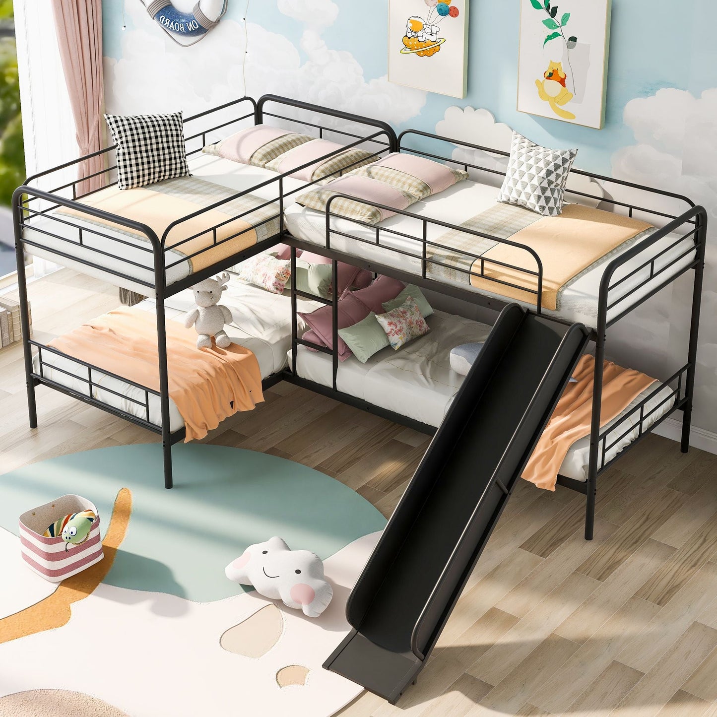 Twin Size L-Shaped Bunk Bed with Slide and Ladder,  Black
