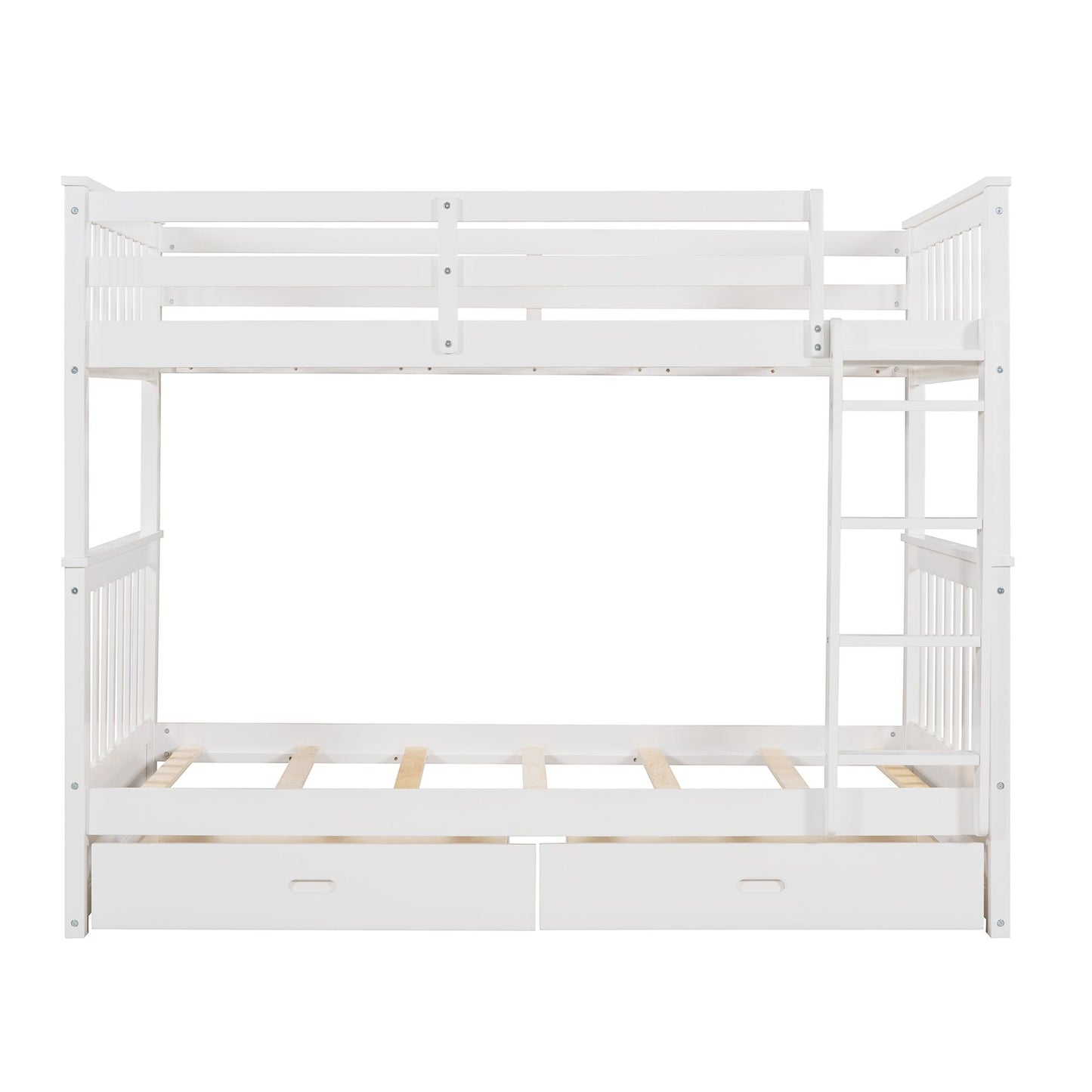 Storage-Enhanced Twin Over Twin Wood Bunk Bed with Ladders, Two Drawers, White | Just Better Bunk Beds