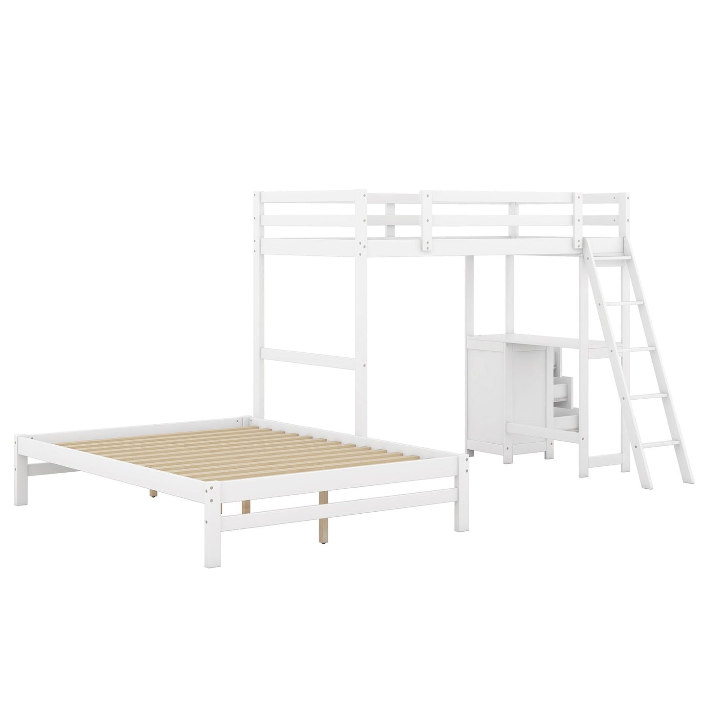 Space-Saving Twin Over Full Wood Bunk Bed with Built-In Desk and Three Drawers, White | Just Better Bunk Beds