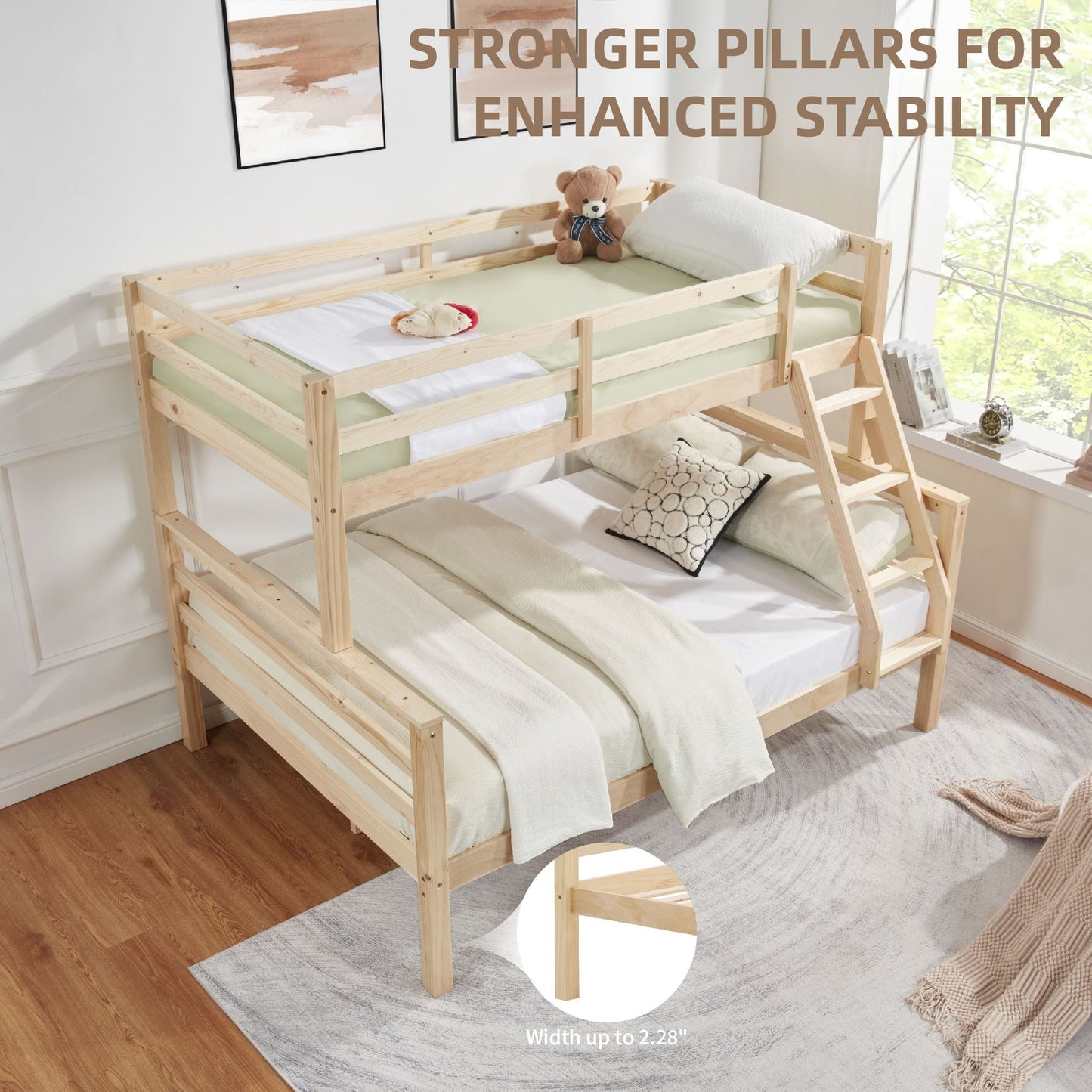 Durable Twin Over Full Wood Bunk Bed with Thick Posts, High Guardrail, Ladder, Natural | Just Better Bunk Beds