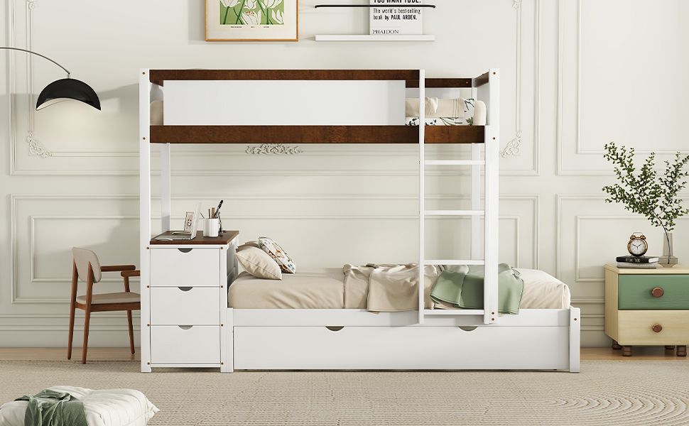 Multi-Functional Twin Over Twin Wood Bunk Bed with Trundle, Storage and Desk, White Walnut | Just Better Bunk Beds