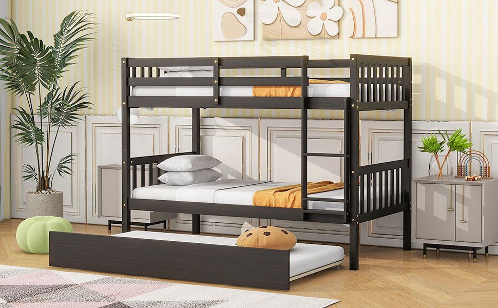 Convertible Twin Over Twin Rubber Wood Bunk Bed with Trundle, Ladder, and Guardrails, Espresso | Just Better Bunk Beds