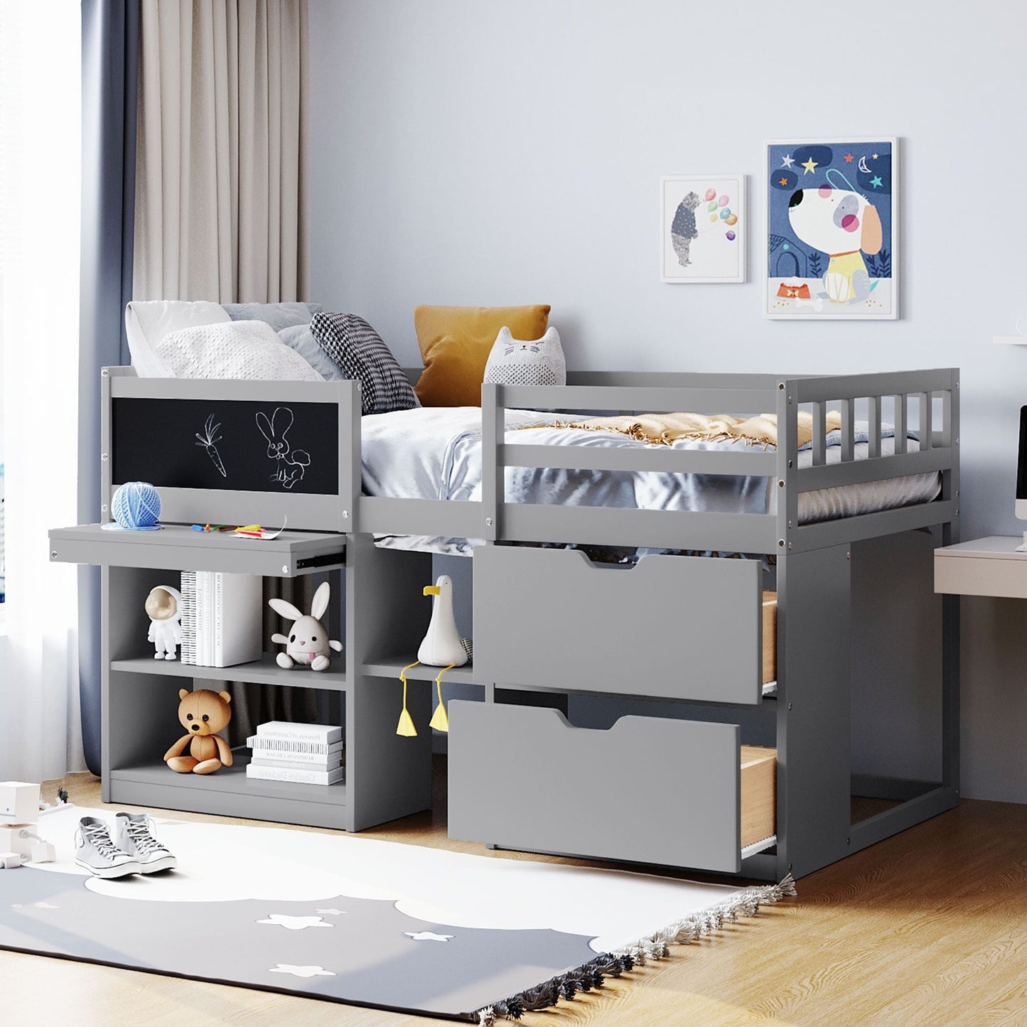 Space-Saving Twin Low Loft Wood Bed with Rolling Desk, Shelf, Drawers, White | Just Better Bunk Beds