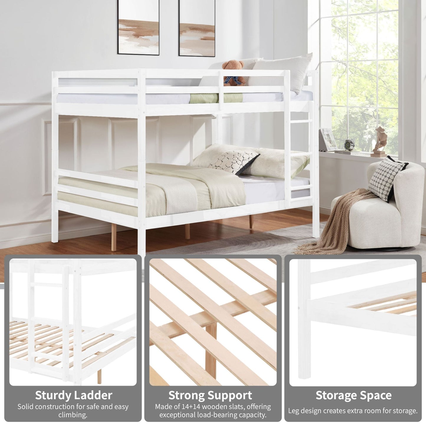 Dorm Room Full Over Full Wood Bunk Bed with Ladder and Guardrail, White | Just Better Bunk Beds